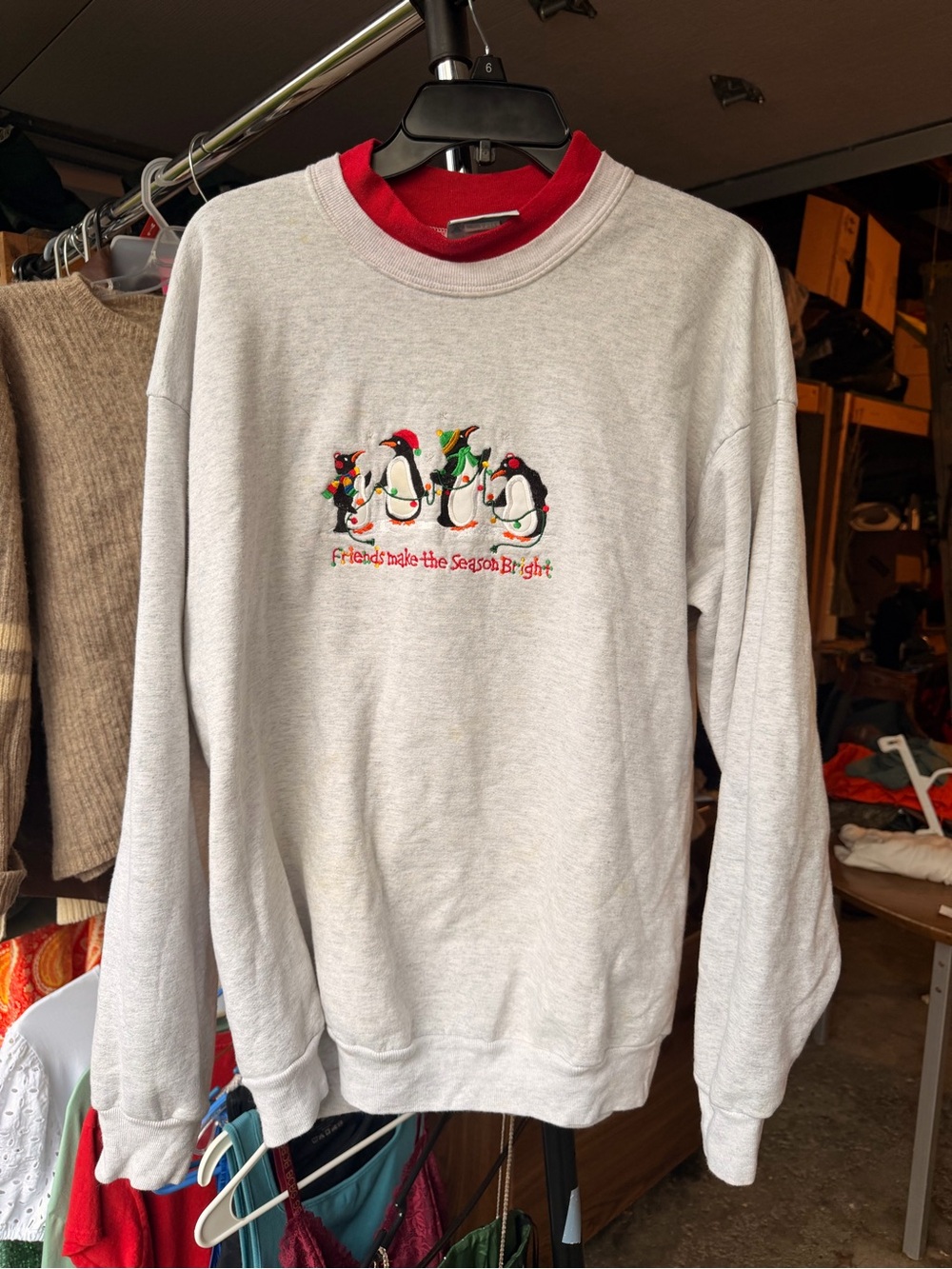 Vintage Penguin Holiday Crewneck Sweater - Light Gray